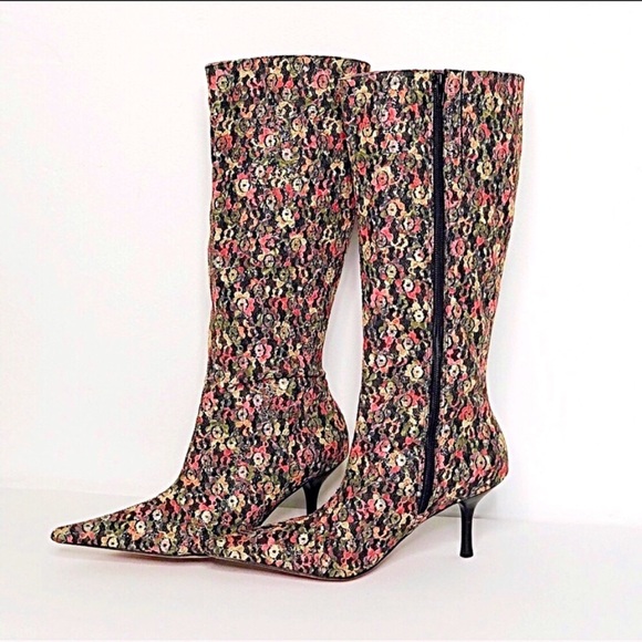 diego di lucca Shoes - Black Multi Floral Leather & Lace High Heel Boots
